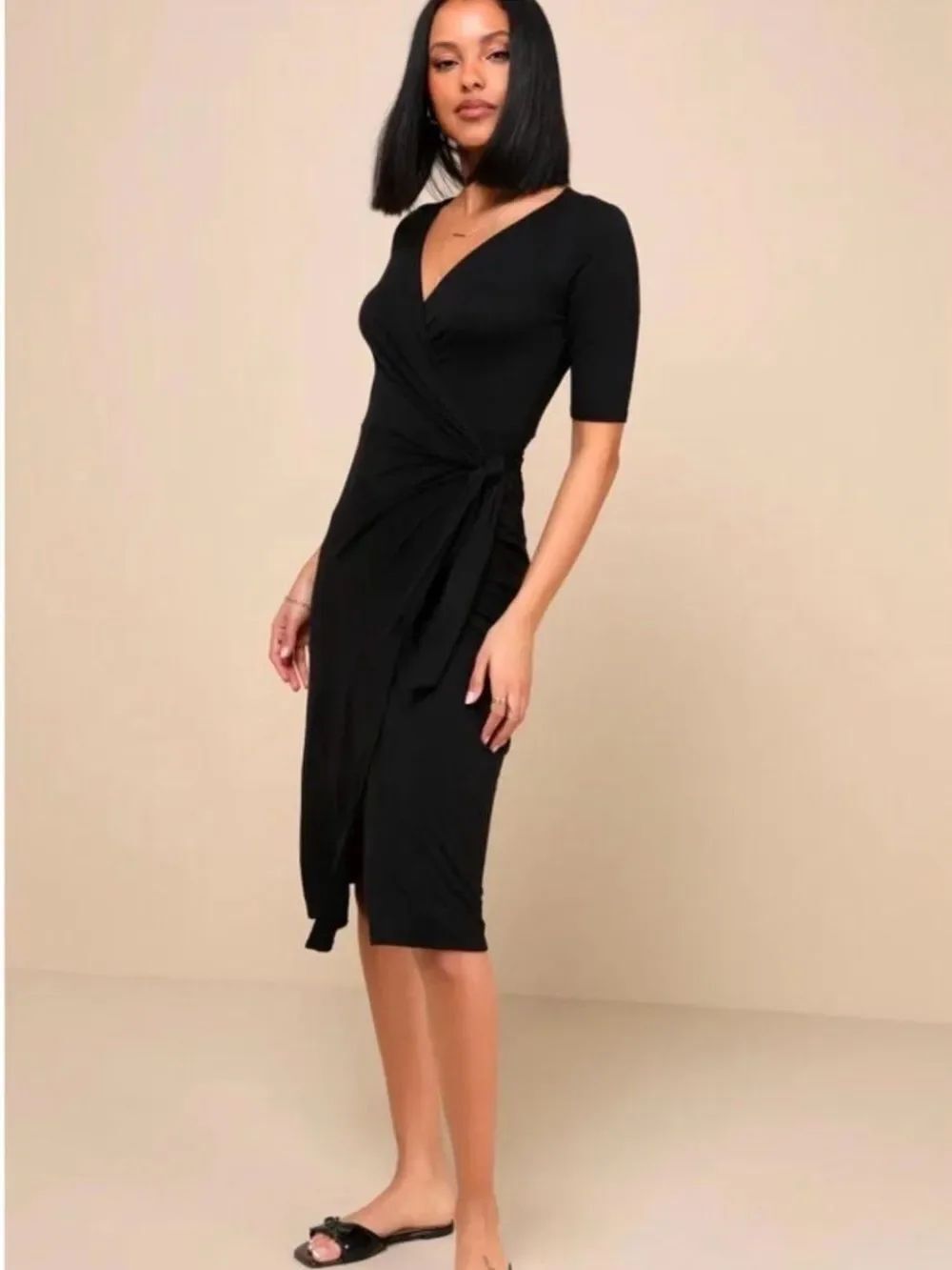 Lulus Forget Me Knot Black Midi Wrap Dress Size XS